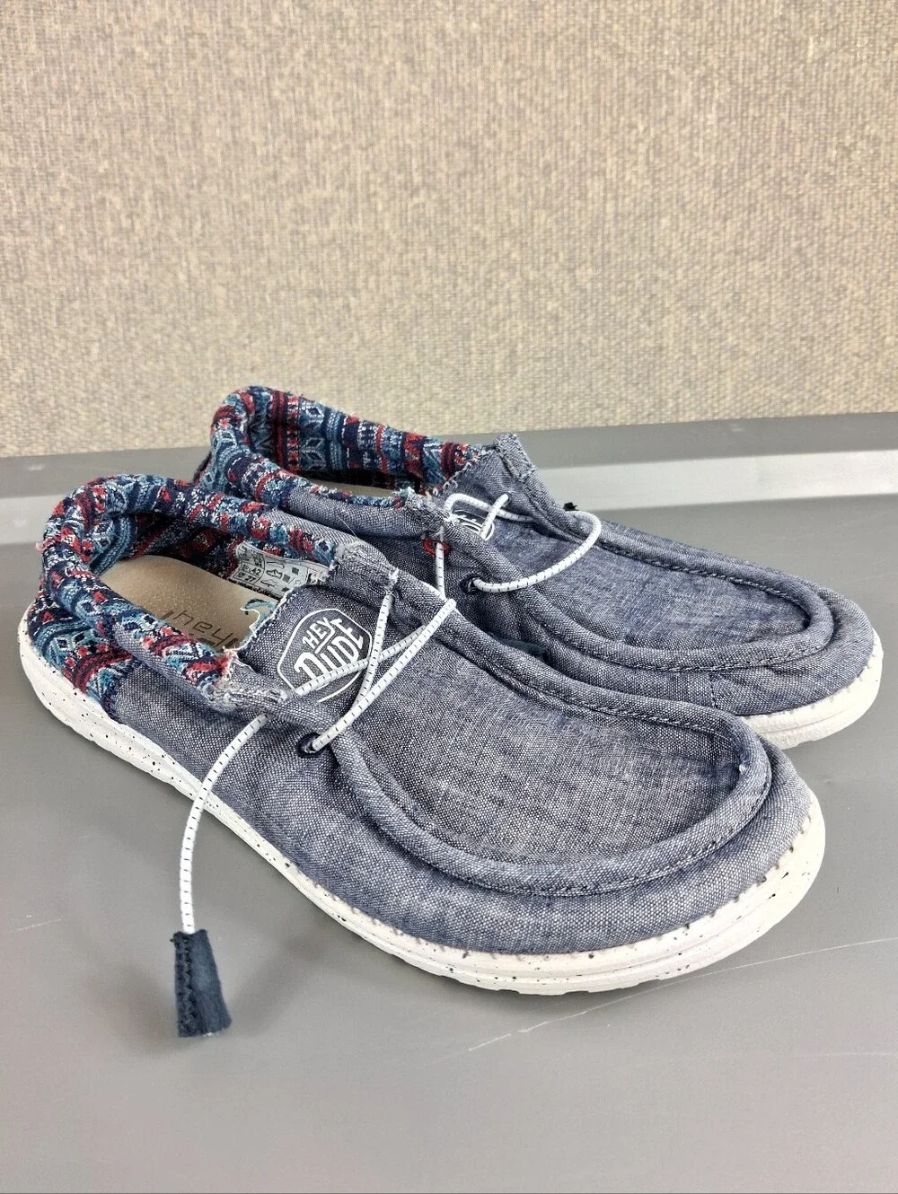 Hey Dude Wally Funk Jacquard Tribe Blue Canvas Slip On Loafers Mens 9 Womens 11